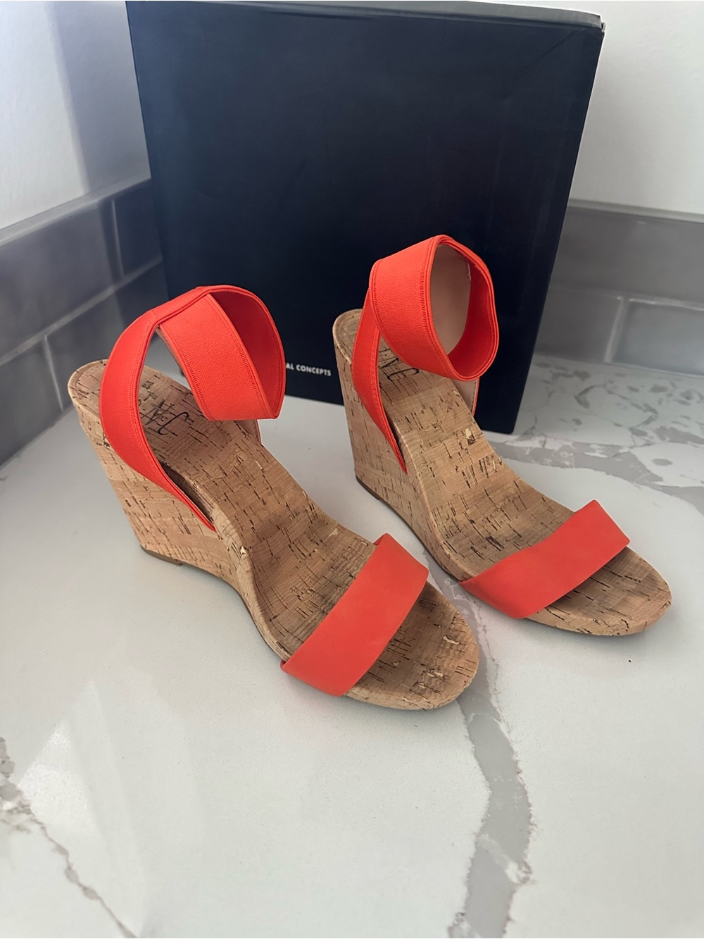 Red Cork Wedge Sandals with Elastic Ankle Strap